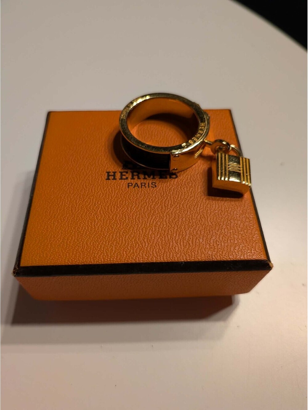 Authentic With Box! HERMES Black Kelly Scarf Ring Gold Tone Leather Charm
